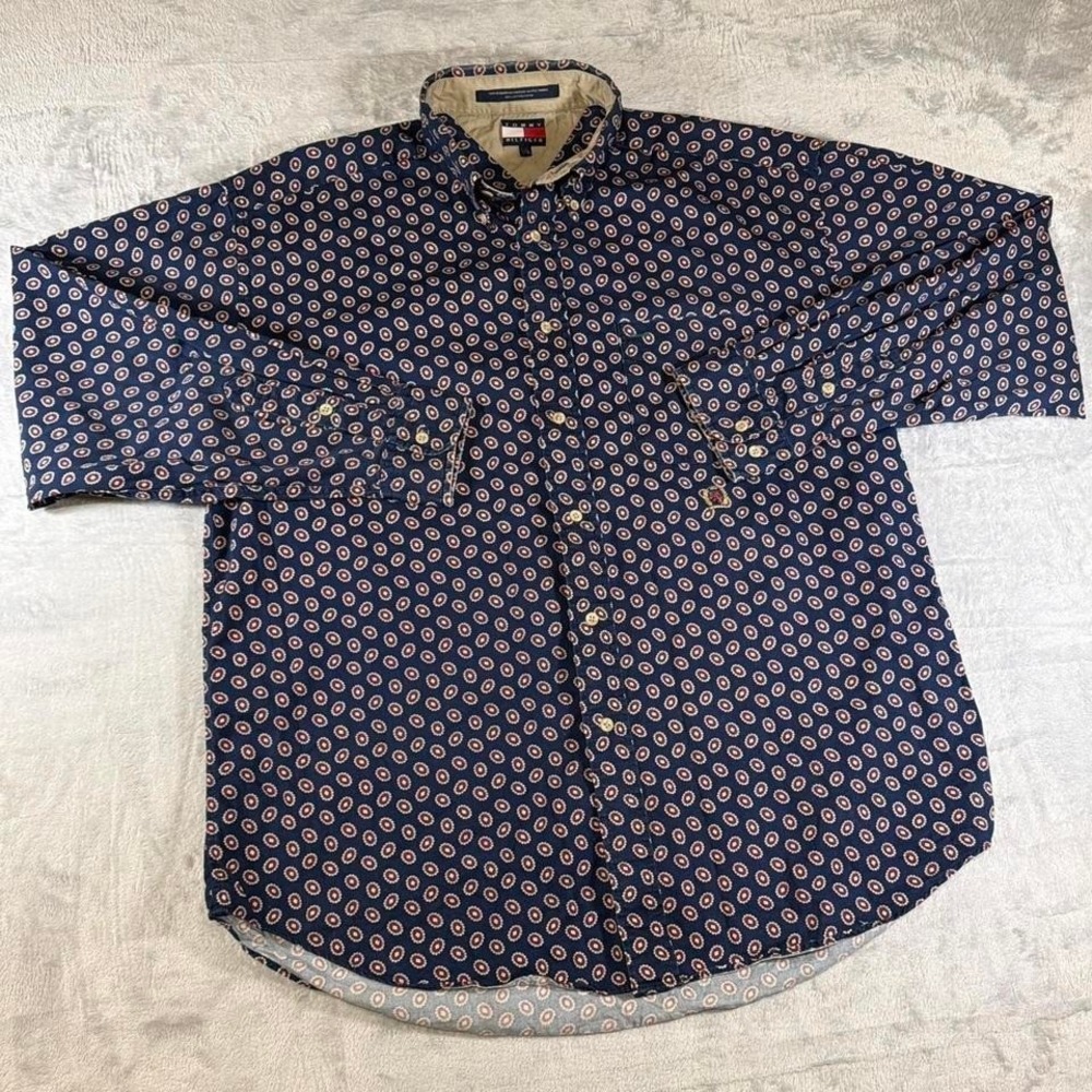 Y2K Vintage Tommy Hilfiger Button-Up Shirt | Navy Multi Print | Large